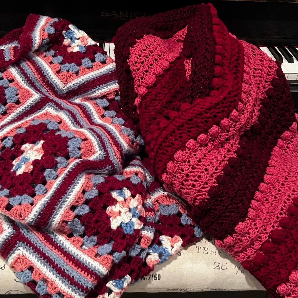 Pink and Dark Red Striped Crochet Blanket